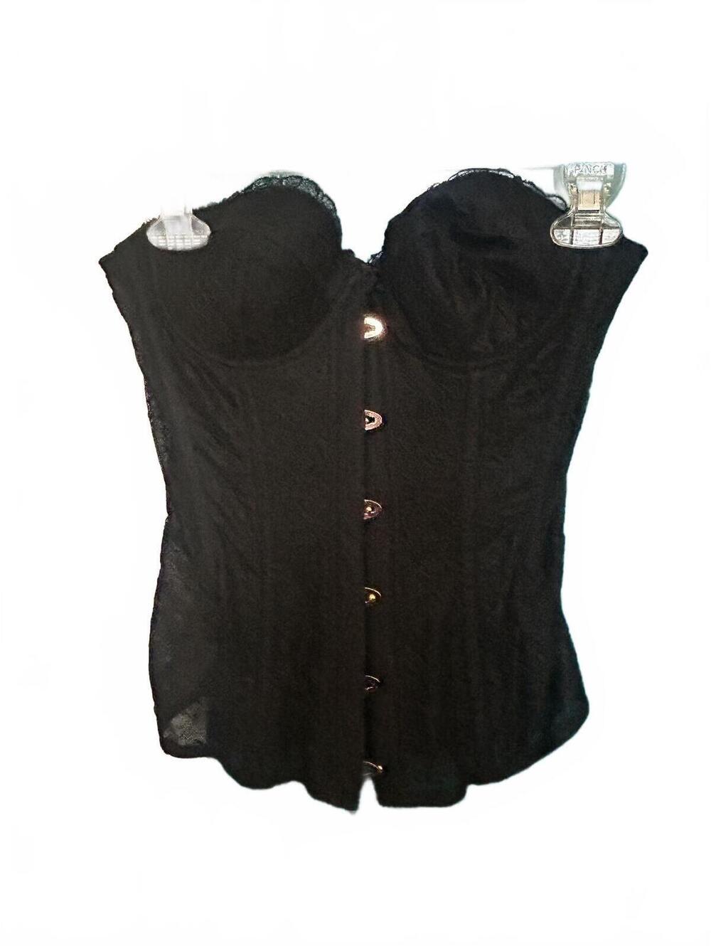 Savage X Fenty Black Lace Corset Top with Front Hooks and Back Lace-Up